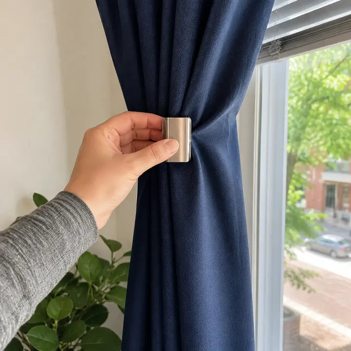 Hand placing magnetic curtain clip on blue curtain