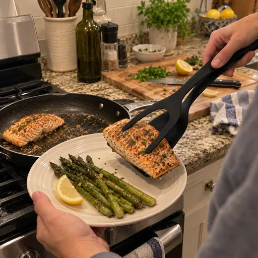 Grip and flip spatula tongs plating salmon and asparagus