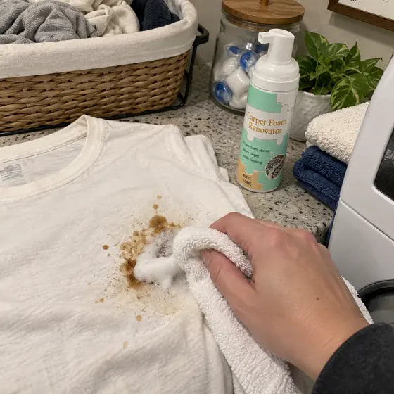 White shirt stain treated with fabric foam before laundry