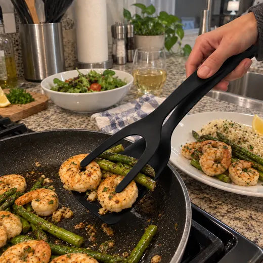 Grip and flip spatula tongs serving shrimp and asparagus