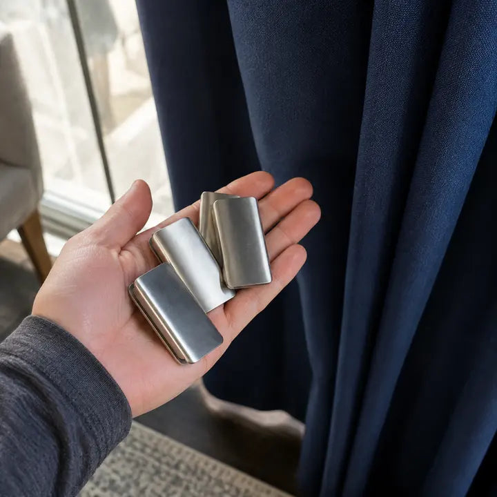 Small silver magnetic curtain clips in hand