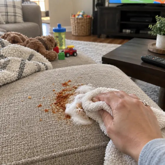 Sofa sauce stain being wiped with foam and plush towel