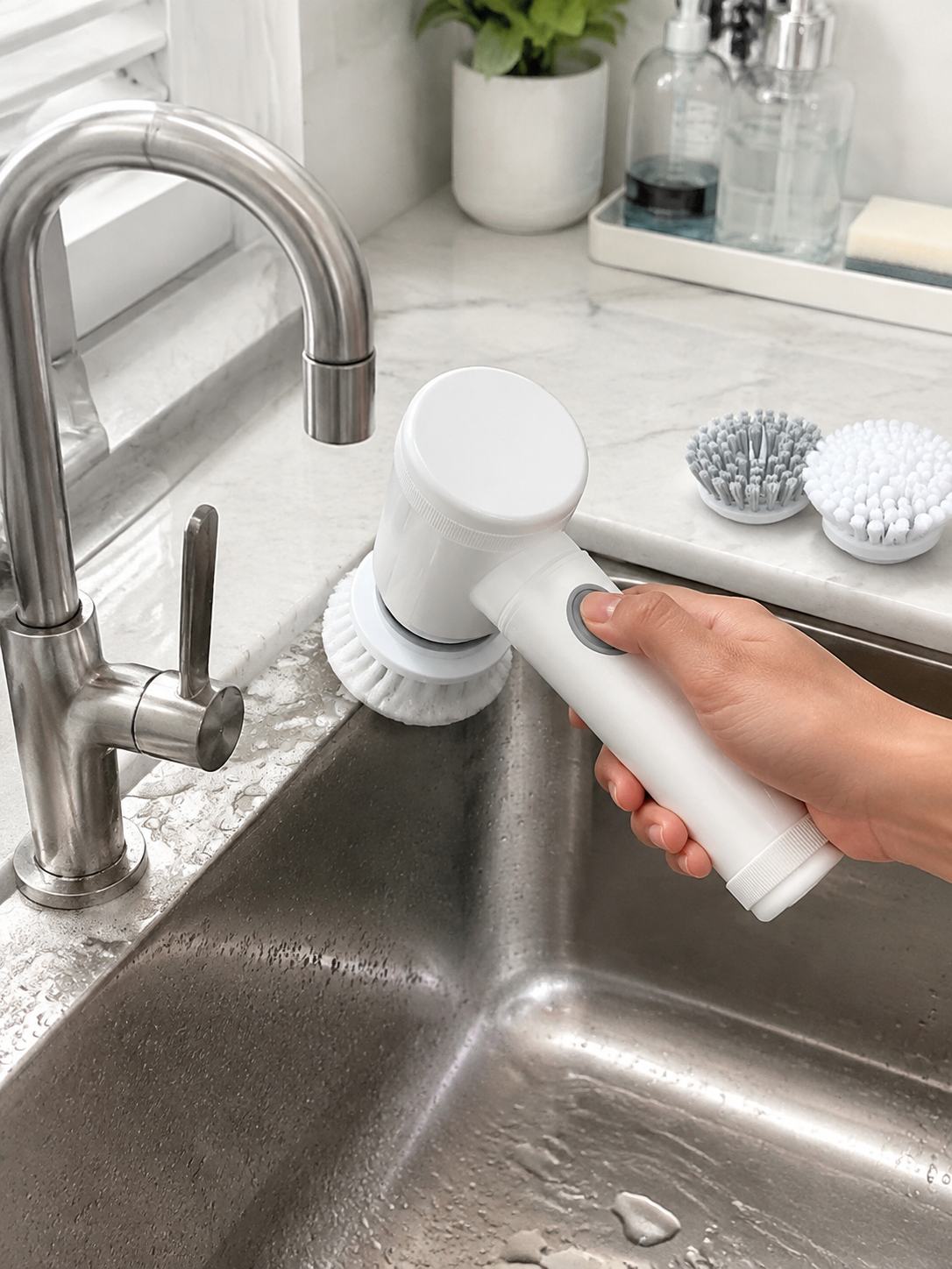 Customer photo of electric spin scrubber cleaning a kitchen sink.