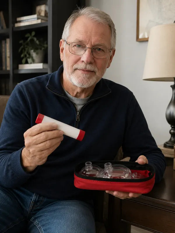 Mark Stevens holding the red handle from the emergency choking relief kit