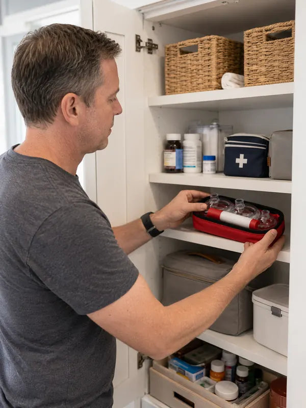Kevin Anderson placing the emergency choking relief kit on a home shelf