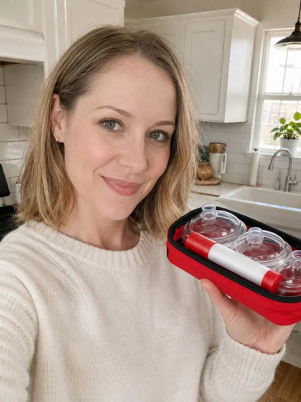 Jennifer M. holding the emergency choking relief kit pouch