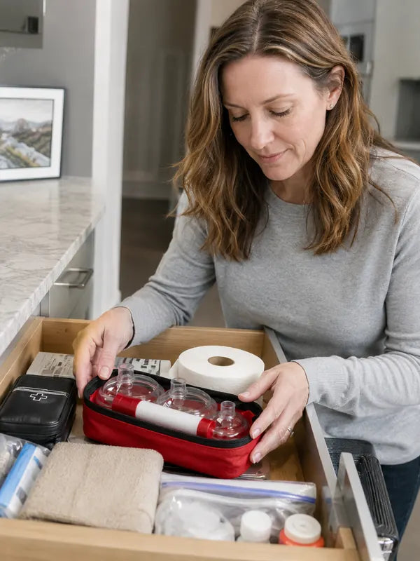 Sarah L. organizing the emergency choking relief kit at home