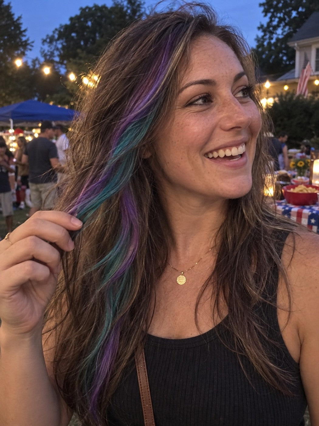 Customer review photo showing temporary hair color worn at an event