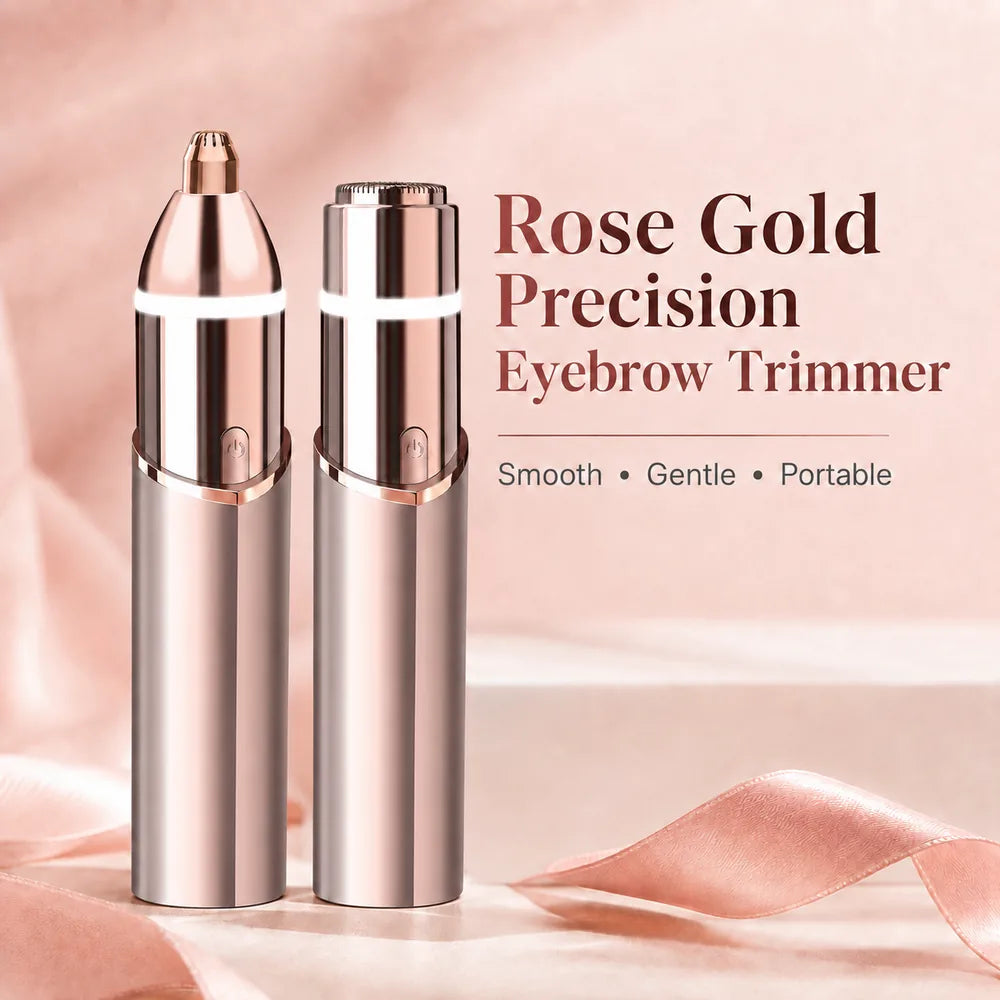 Rose gold precision eyebrow trimmer with smooth gentle portable message