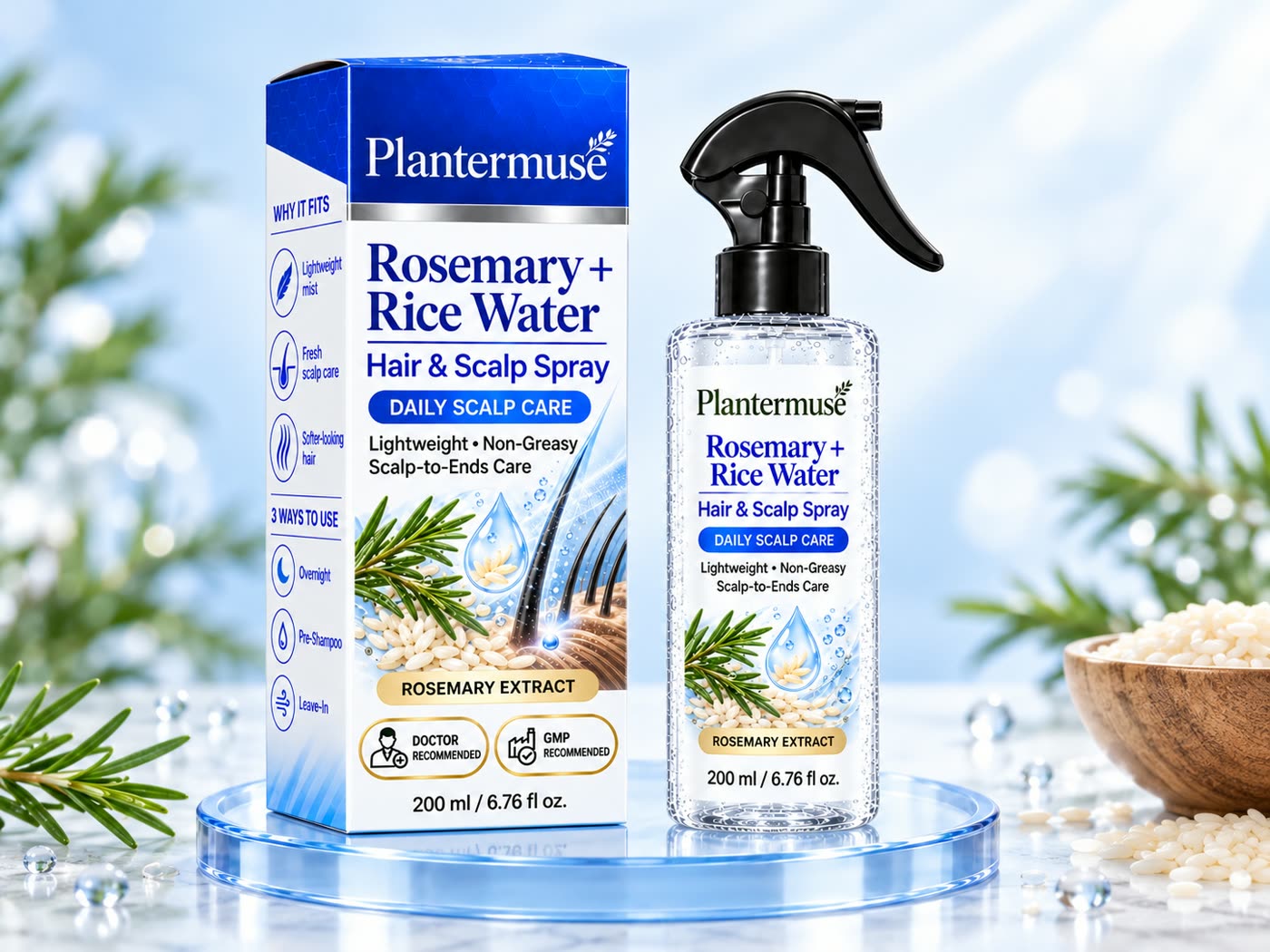 Rosemary and rice water hair and scalp spray bottle and box presentation