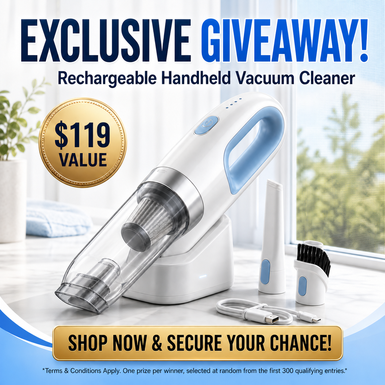 Exclusive giveaway rechargeable handheld vacuum cleaner graphic.