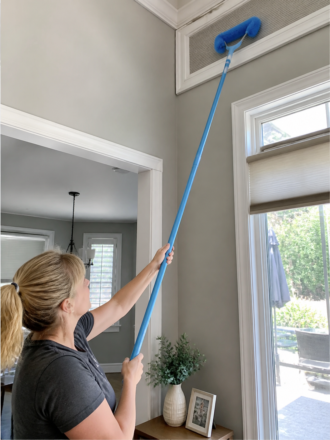 Customer photo of a long-handle screen brush cleaning a high window.
