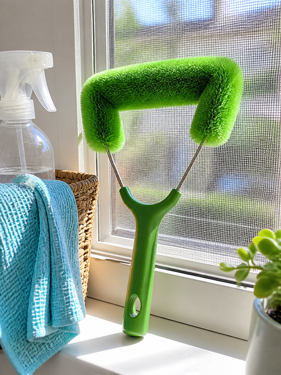 Customer photo of green screen brush stored near window cleaning supplies.