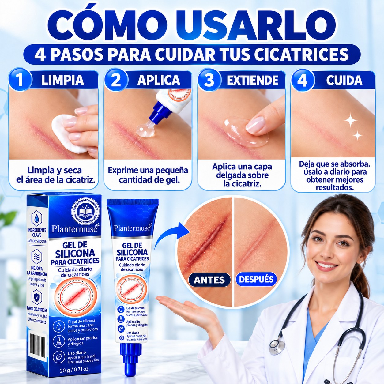 Cuatro pasos para aplicar gel de silicona sobre cicatrices completamente cerradas