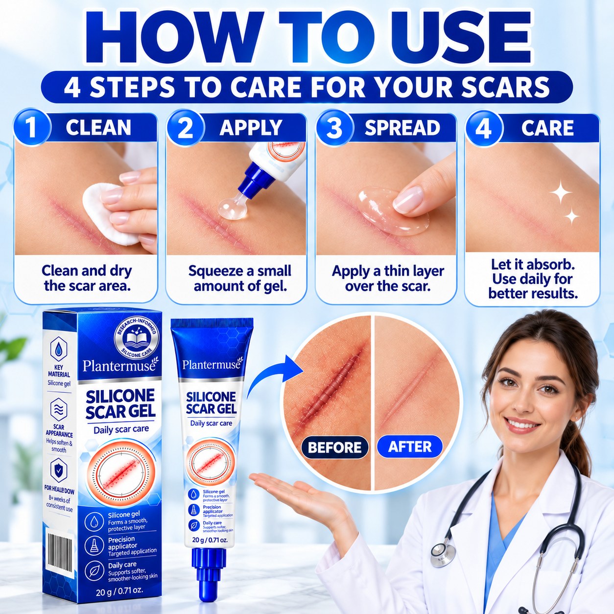 Four steps for applying silicone scar gel to fully healed scars