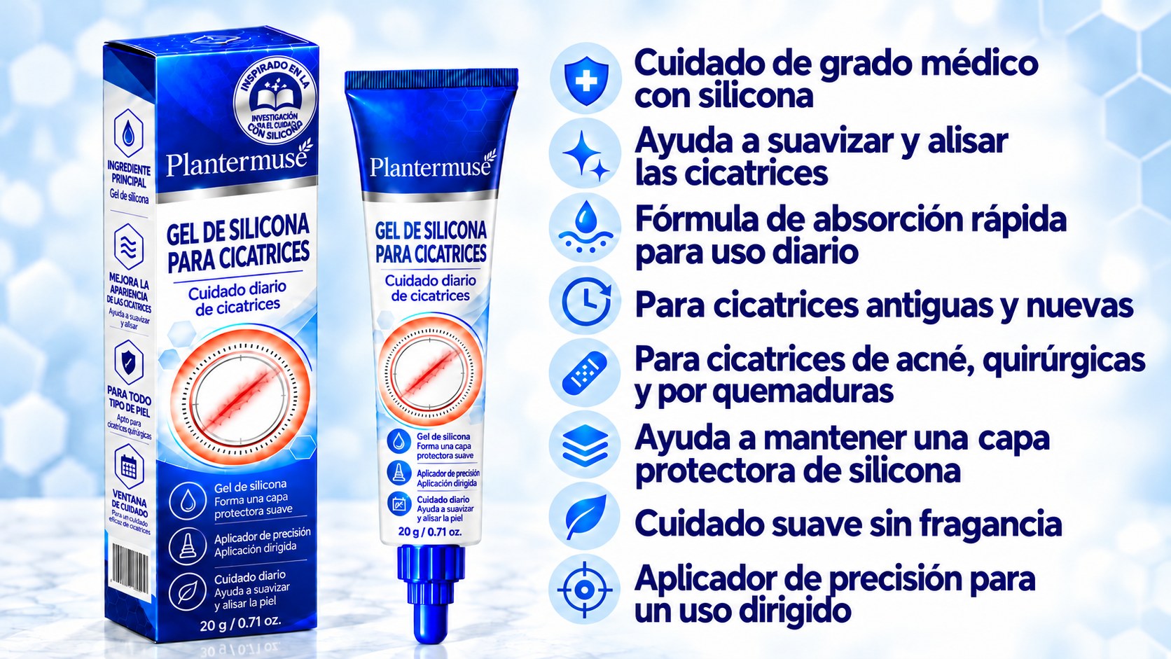 Empaque del gel de silicona con beneficios clave para el cuidado diario de cicatrices