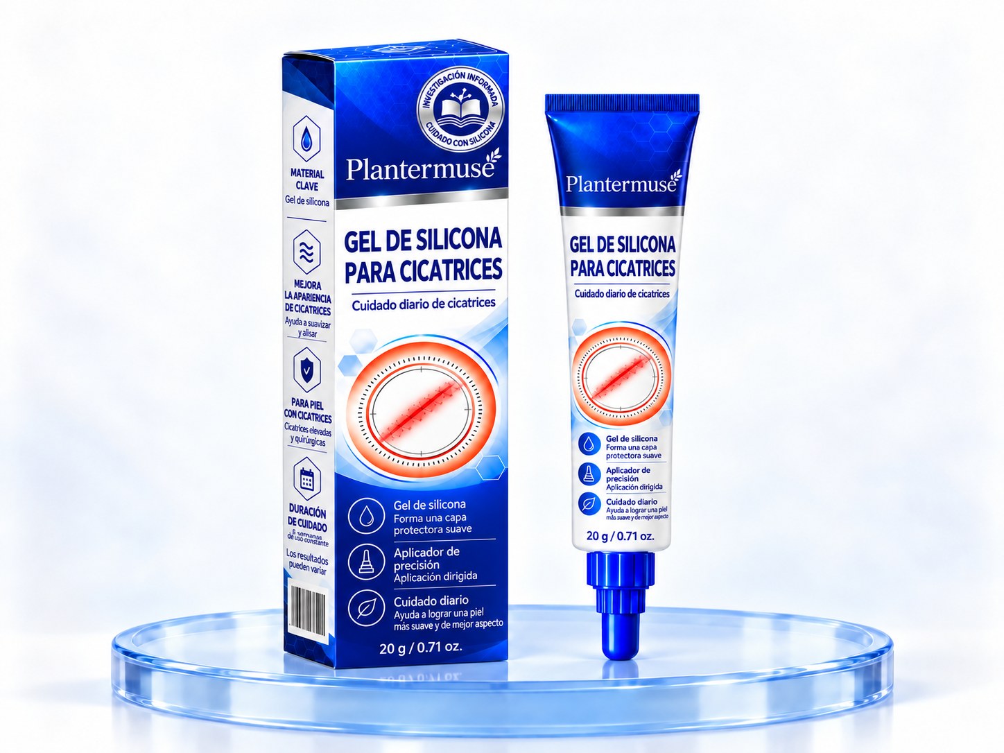 Presentación de la caja y el tubo del gel de silicona para cicatrices