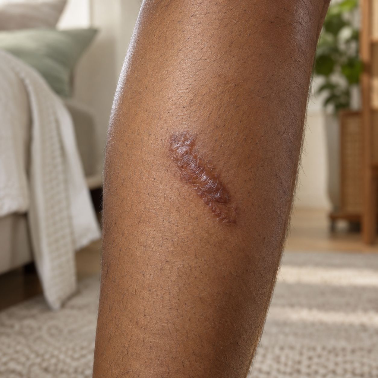 Raised calf scar appearance before a documented care routine