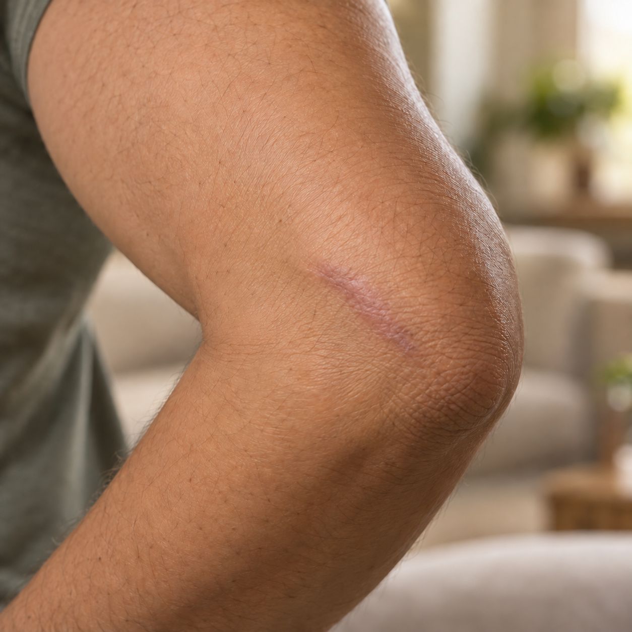 Raised elbow scar appearance in a later routine record