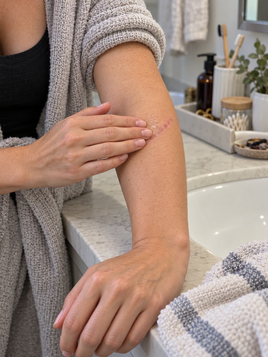 Customer applying gel to a raised-looking forearm scar