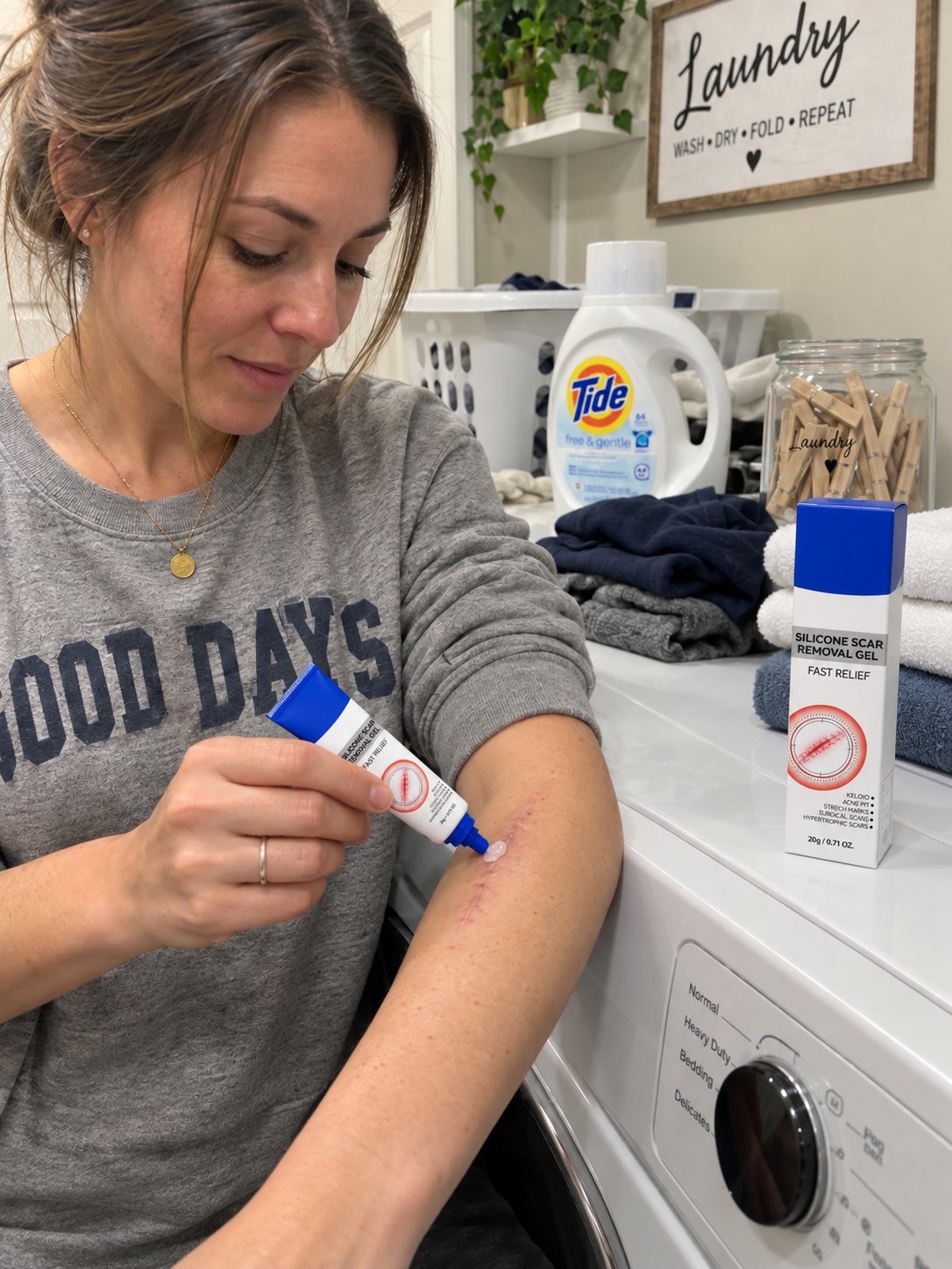 Customer applying silicone gel consistently to a forearm scar