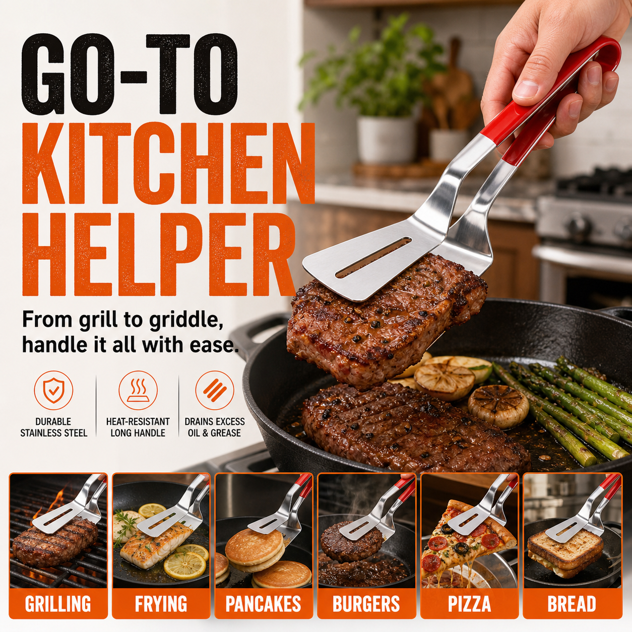 Go-to kitchen helper stainless steel grill clamp spatula for multiple foods