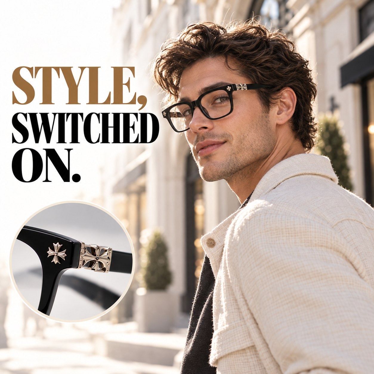 Model showing an everyday outfit before and after adding cross-detail glasses