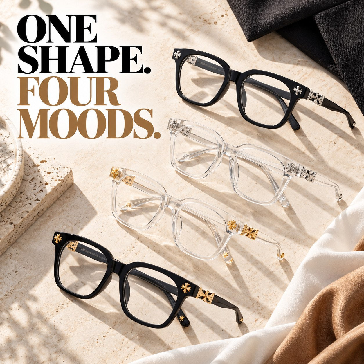 Four glasses options arranged to show black clear gold-tone and silver-tone details