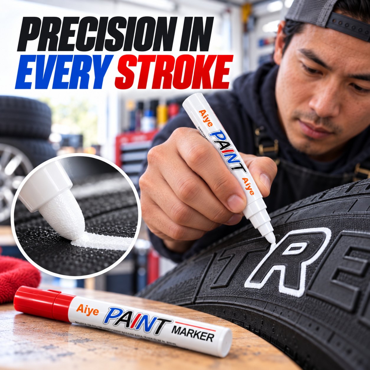 Precision in every stroke on tire lettering