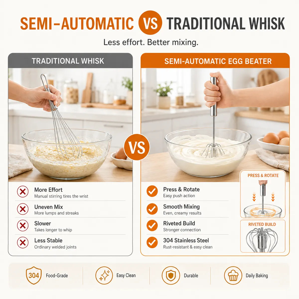 Semi-automatic egg beater compared with a traditional whisk