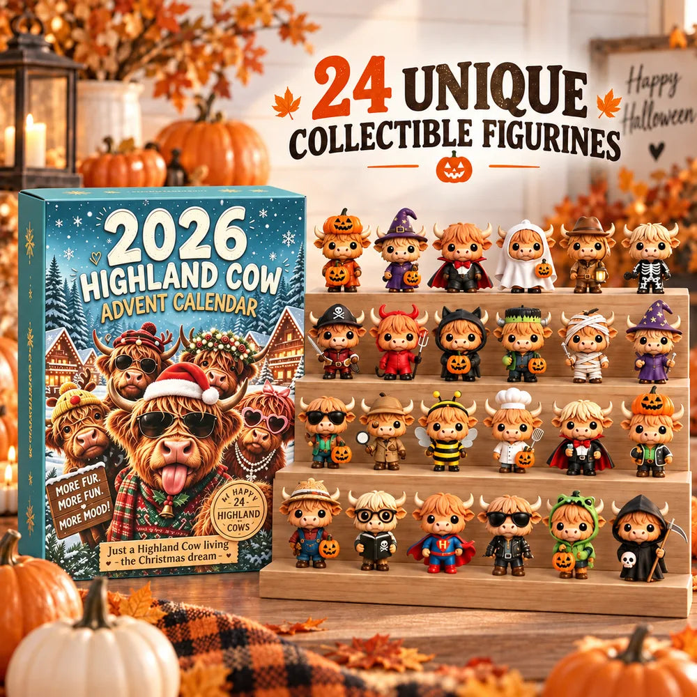 Twenty four Highland Cow Halloween collectible figurines displayed with the countdown calendar box
