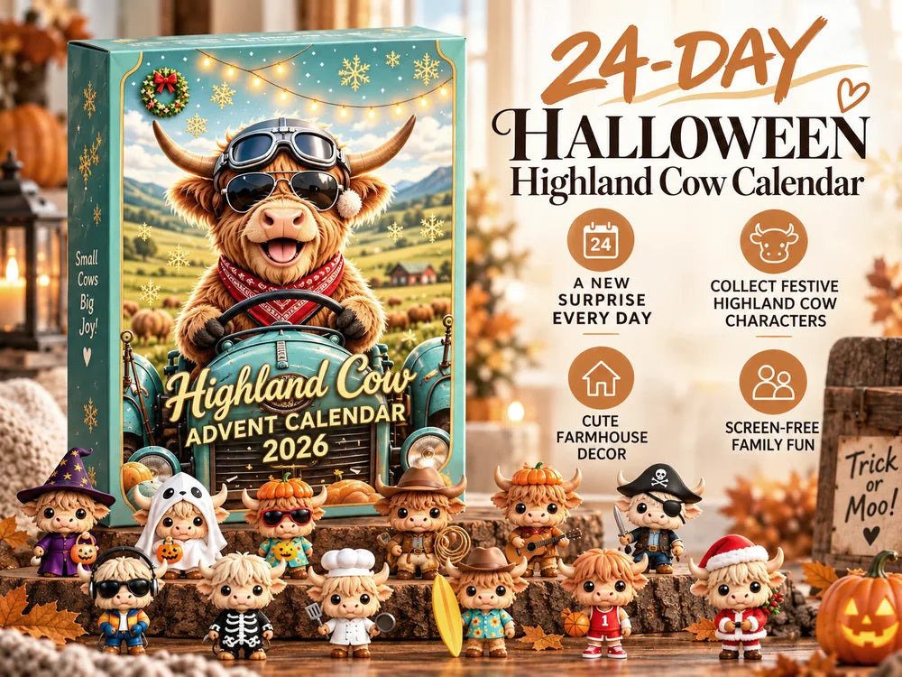 Highland Cow Halloween countdown calendar benefits with daily surprises, collectibles, and seasonal display value