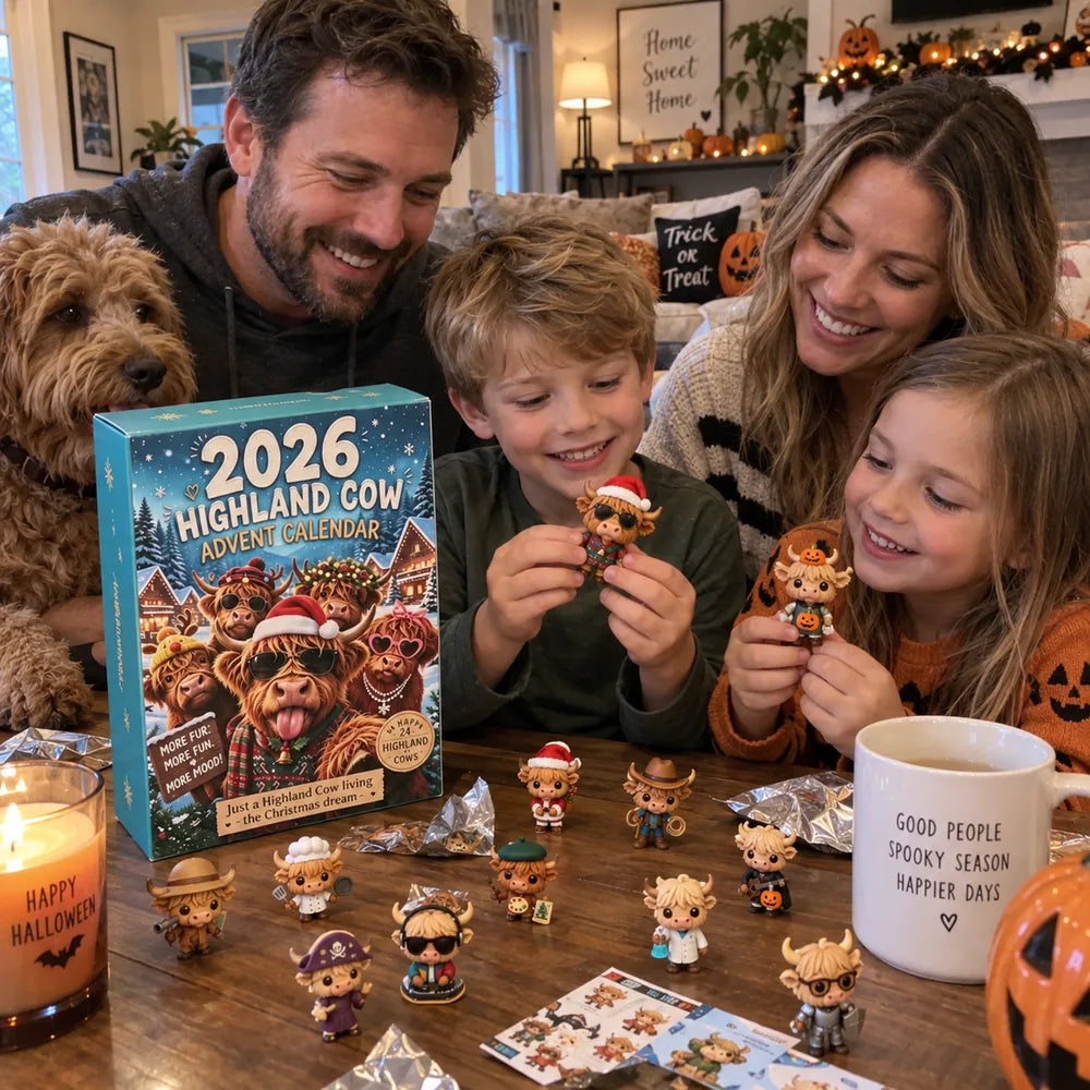 Our Highland Cow Halloween countdown calendar with 24 collectible characters arranged as a tabletop display