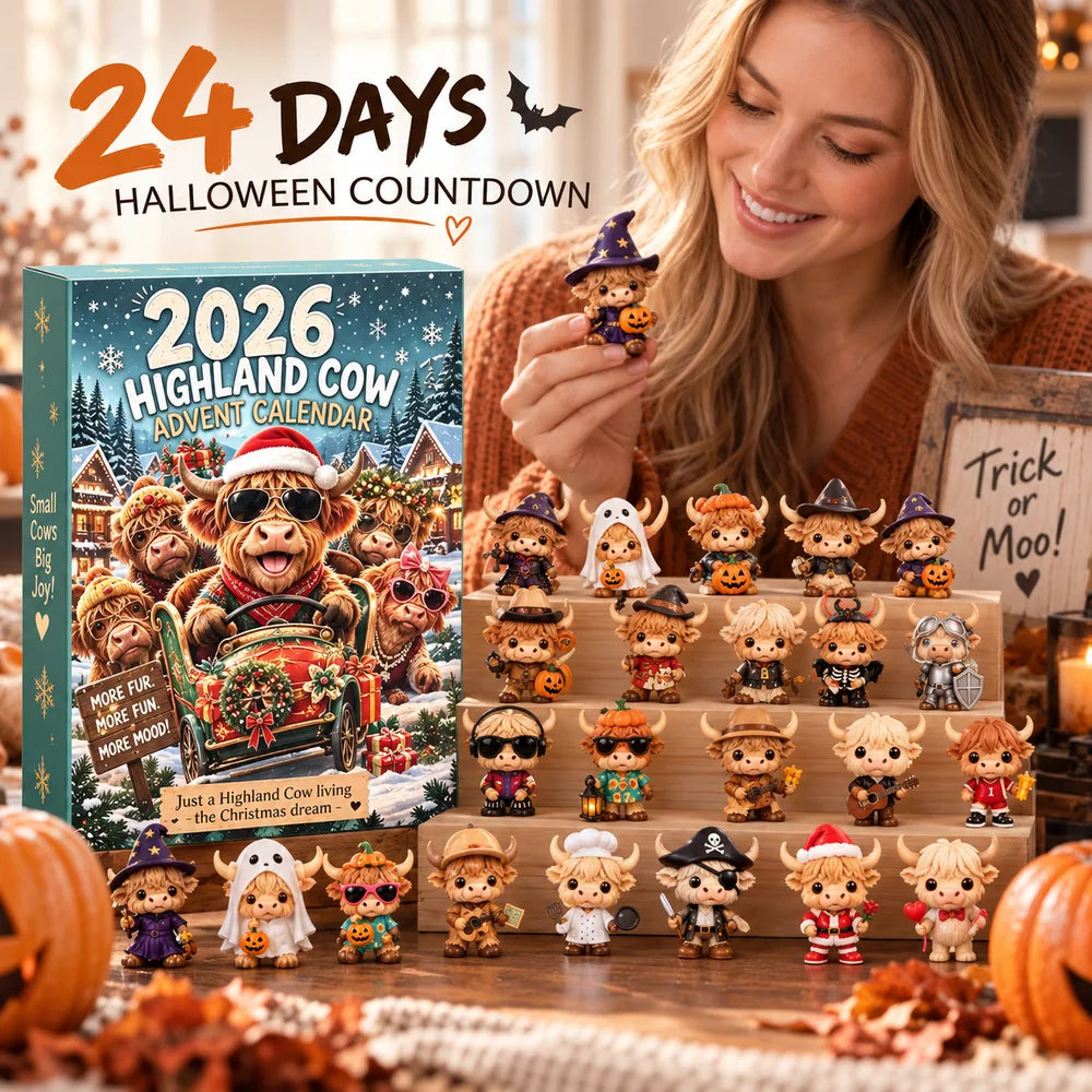 Family enjoying Highland Cow Halloween countdown calendar with festive collectible characters
