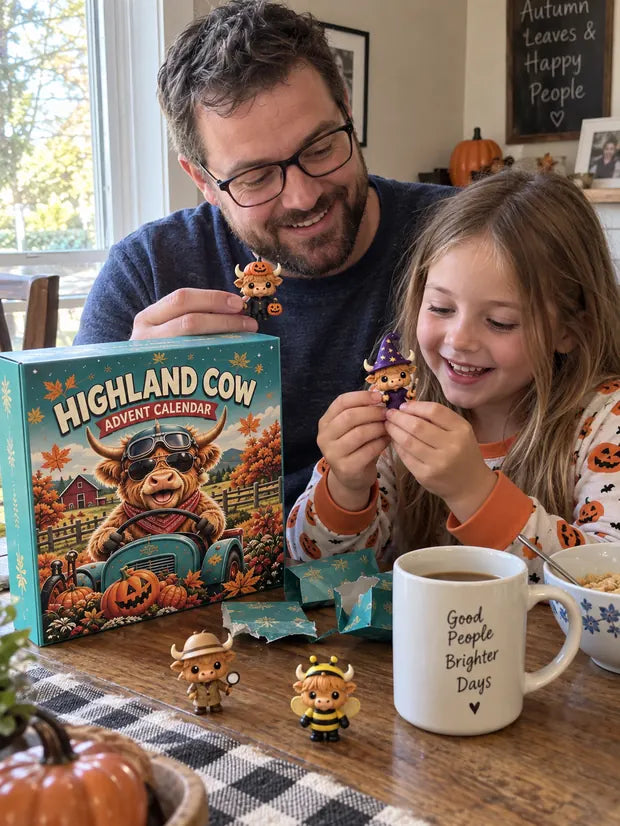Dad and daughter opening Highland Cow Halloween countdown calendar together
