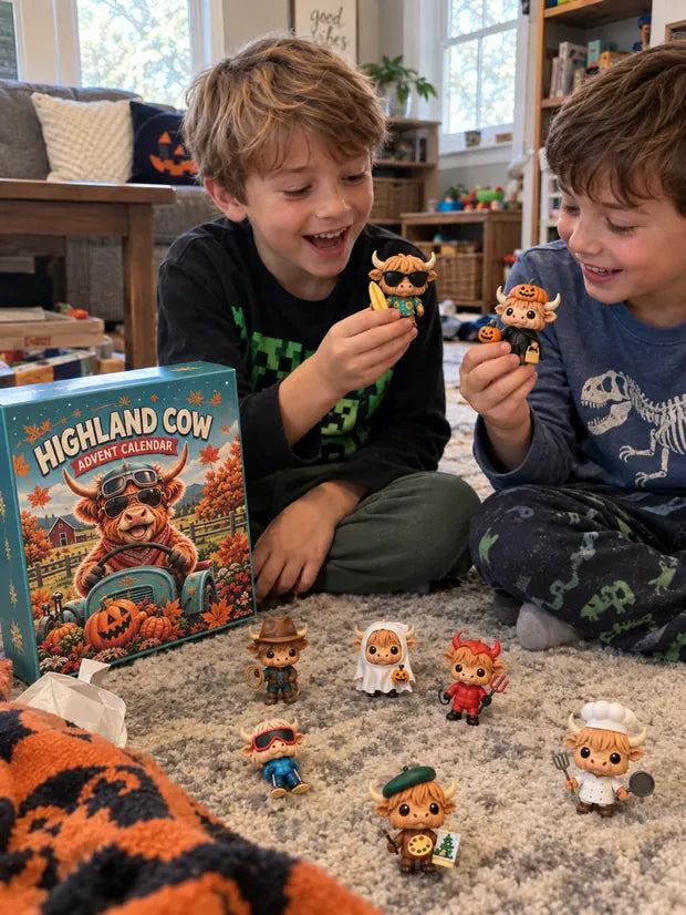 Two boys playing with Highland Cow Halloween collectible figures on the floor