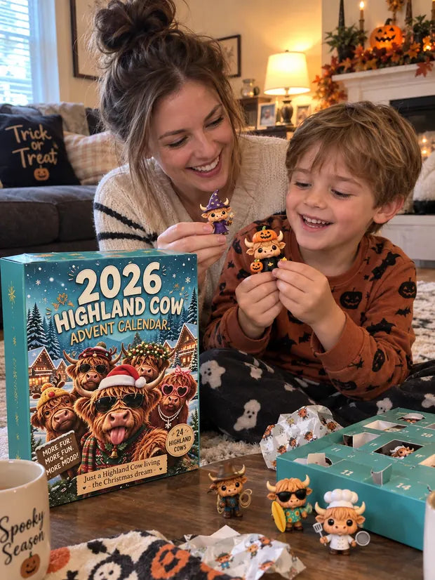 Mother and son opening Highland Cow Halloween countdown calendar in the living room