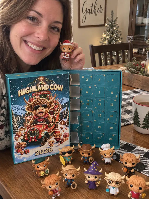 Woman displaying opened Highland Cow advent calendar and collectible figures