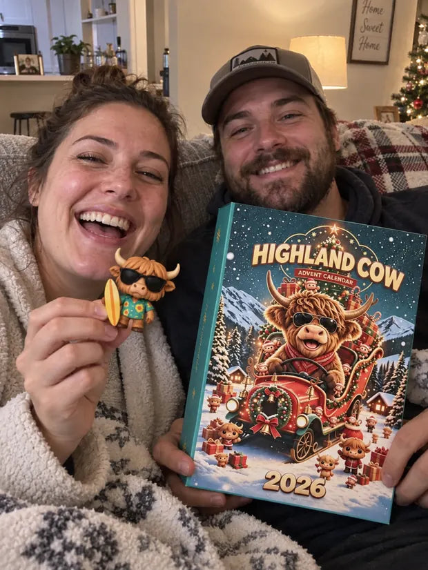 Couple holding Highland Cow Christmas style countdown calendar and surf cow figure