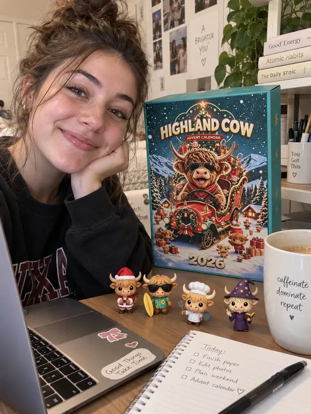 Young woman using Highland Cow calendar figures as desk decor
