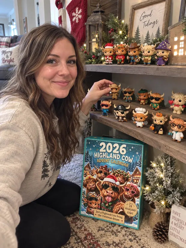Woman arranging Highland Cow collectibles on a holiday shelf display