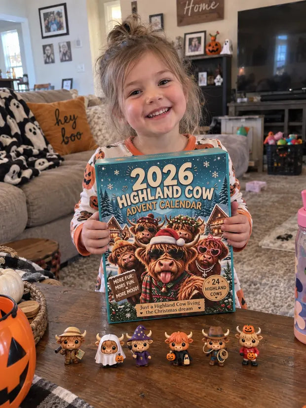 Little girl smiling with Highland Cow Halloween countdown calendar and figures