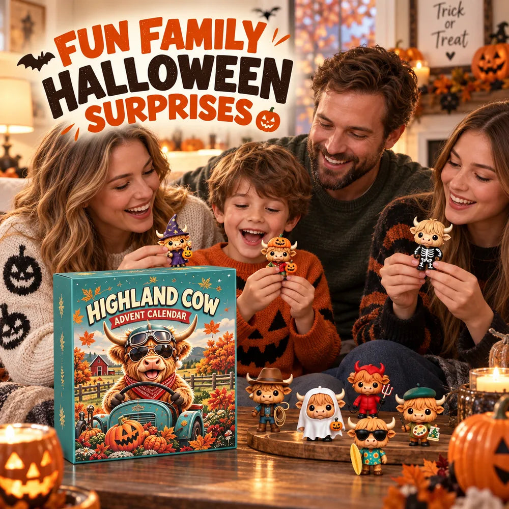 Family opening a Highland Cow Halloween countdown calendar together at home