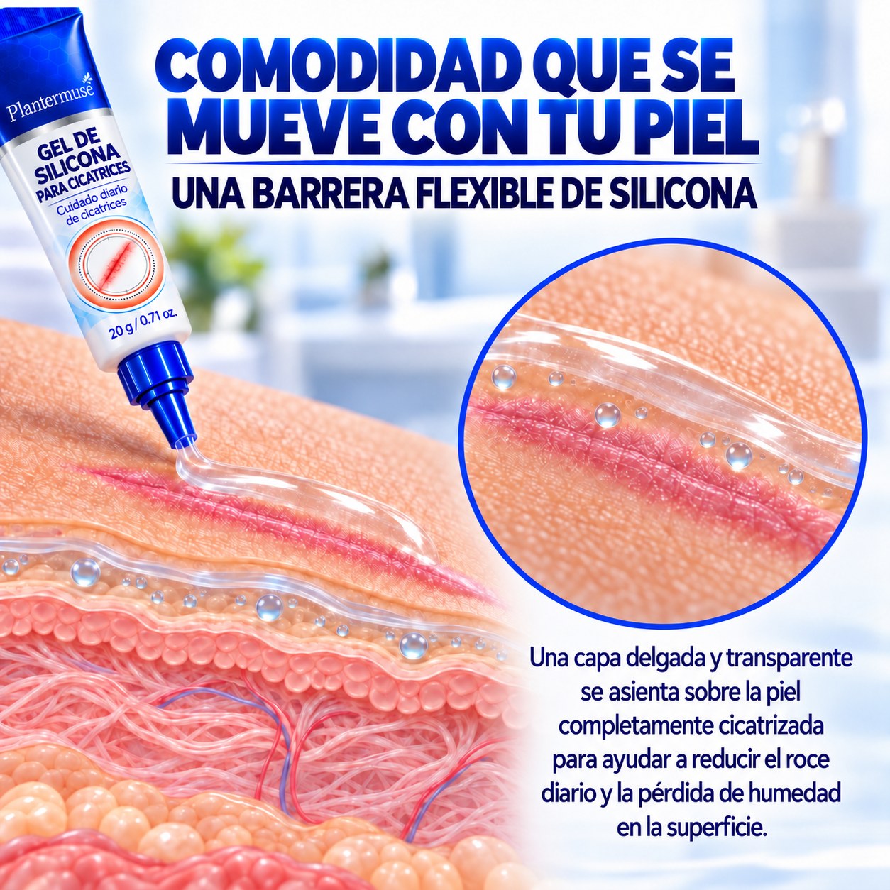 Gel de silicona transparente que forma una barrera protectora flexible sobre piel completamente cicatrizada