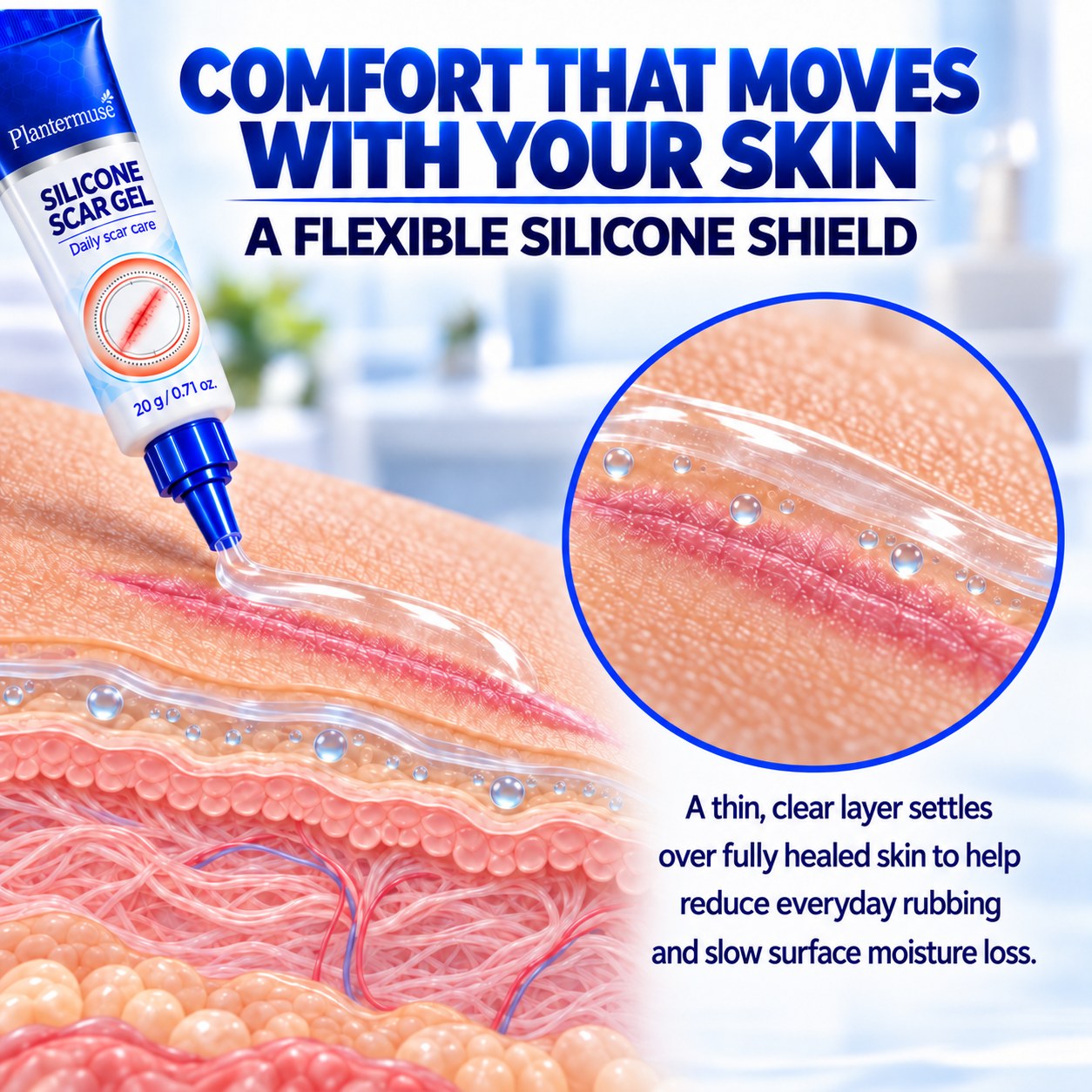 Clear silicone scar gel forming a flexible protective shield over fully healed skin