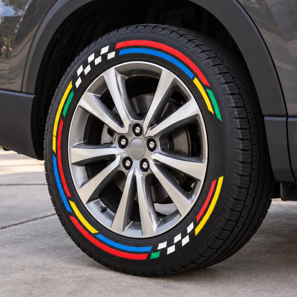 Custom colorful tire sidewall after marker lettering