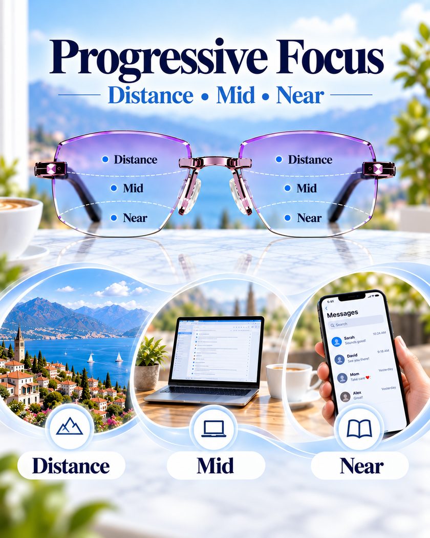 Progressive focus zones for distance mid and near vision