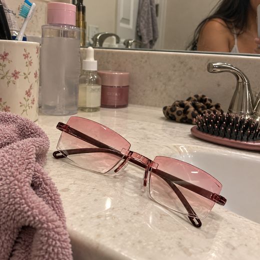 Rose smart zoom glasses on bathroom counter