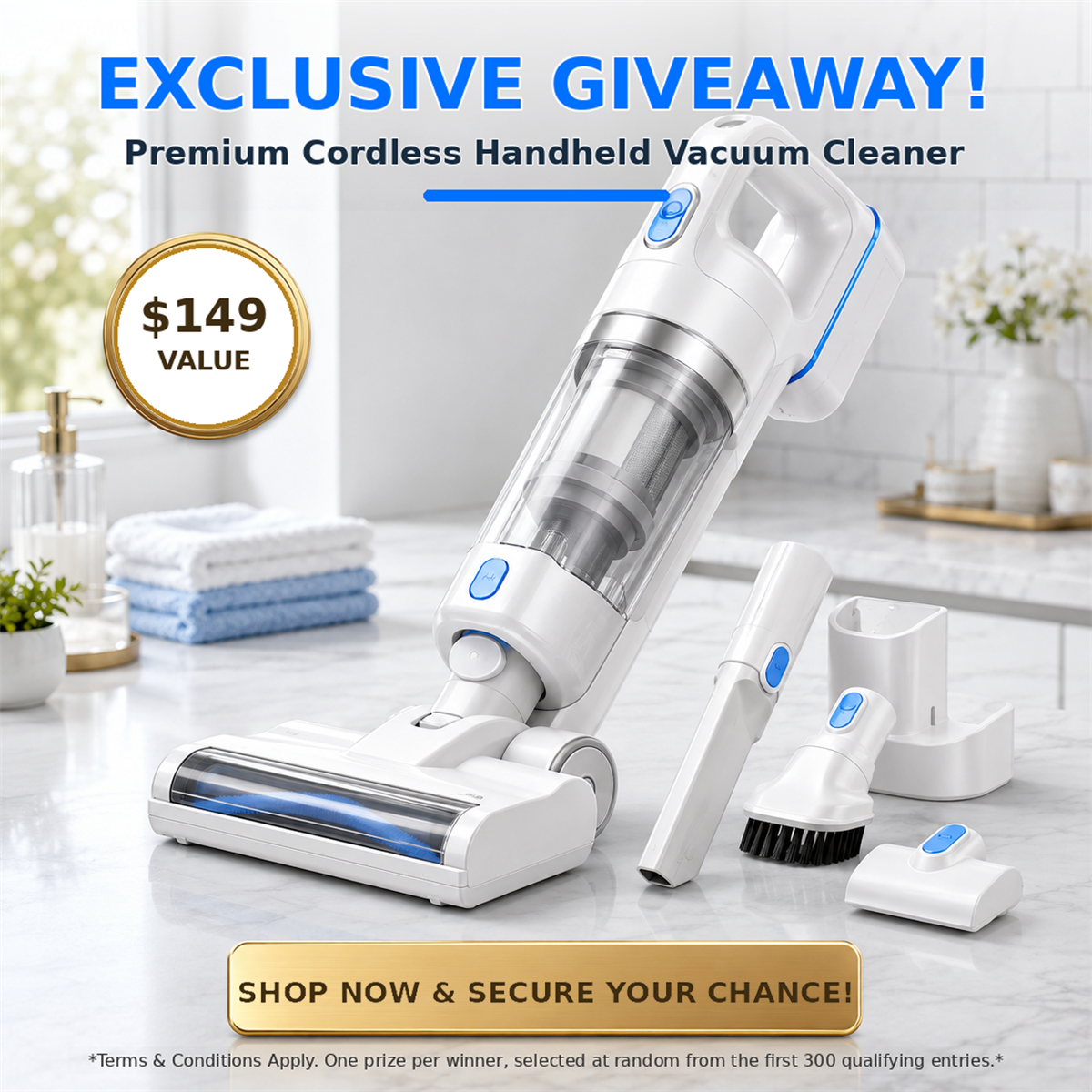 Exclusive giveaway premium cordless handheld vacuum cleaner graphic.