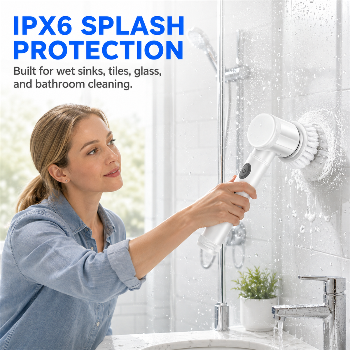 IPX6 splash protection for wet sinks, tiles, glass and bathroom cleaning.